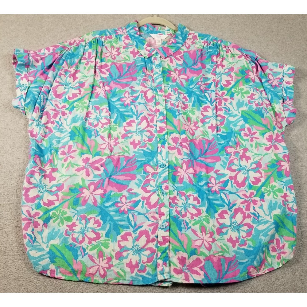 Time and Tru Button Up Shirt Women 3XL XXXL 22 Blue Pink Floral Short Sleeve Top